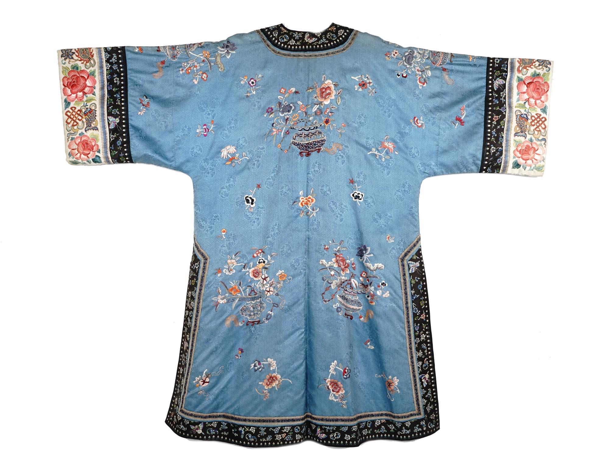 ANTIQUE CHINESE LONG BLUE SILK EMBROIDERED ROBE PIC-2